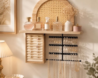 Wall Mounted Jewelry Organizer, Rattan Jewelry Display, Ring Holder, Earring & Necklace Storage