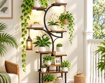 9 Tier Indoor Plant Shelf with Grow Lights, Hanging Hooks, S Shape Rack, Brown