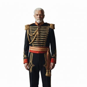 Könnte beinhalten: Eine formelle schwarze Jacke im Militärstil mit goldenen Verzierungen, Schulterklappen und dekorativen Kordeln. Die Jacke hat goldene Streifen und rote Akzente an den Manschetten und am Taillengürtel. Die passende schwarze Hose vervollständigt das Ensemble.