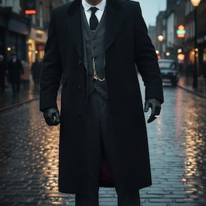 May include: A person in a black overcoat, suit, and gloves stands on a cobbled street. The coat has a velvet collar and is buttoned. A pocket watch hangs from the vest. The background shows a blurred street scene with streetlights and buildings.