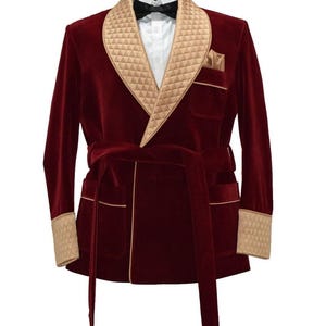 Men Burgundy smocking jacket evening wear jackets quilted lapel design Velvet Robe Quilted Robe Dressing Gown gift for husband