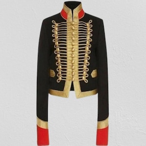 Chaqueta de húsar militar para mujer, abrigo de oficial de lana negra con ribete dorado / Elegante blazer de equitación para mujer / Regalo personalizado hecho a mano para ella