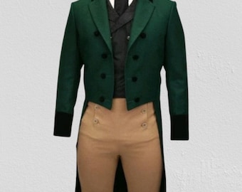May include: A formal green tailcoat suit with a black collar and cuffs, paired with a black vest and tie. The trousers are tan with decorative buttons. This ensemble is suitable for formal events.