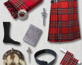 Scottish Men's Royal Stewart 9 Pieces Stag Head Sporran kilt Set Traditional Highland Wedding Kilt outfit Available in 45+ Tartans