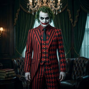 May include: A person with green hair and white face makeup with red lipstick wearing a suit featuring a red and black striped jacket, a red and black diamond-patterned vest with gold buttons, a black tie, and a matching striped shirt.