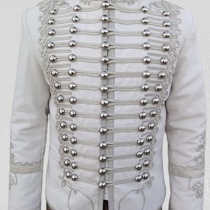 Men&#39;s hussar jacket white front silver braiding Napoleonic Pelisse Hussar Jacket Military Style Tunic Fashion Marching Band Costume for Men
