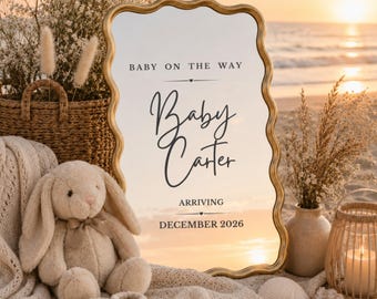 Beach Pregnancy Announcement Template, Scalloped Mirror Baby Announcement, Neutral Canva Editable Pregnancy Reveal, Digital Download
