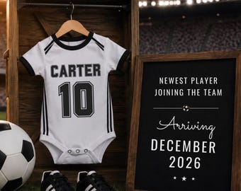 Soccer Pregnancy Announcement Template, Editable Canva Baby Reveal, New Player Joining the Team, Sport Stadium Jersey, Digital Download