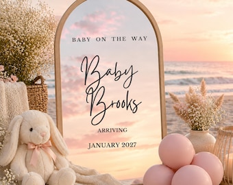 Pink Beach Pregnancy Announcement Template, Editable Canva Baby Girl Reveal, Mirror Pregnancy Announcement, Baby Girl Due Date