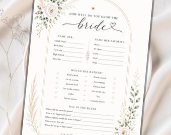 How Well Do You Know the Bride Game, Printable Bridal Shower Game, Botanical Greenery Wedding Shower Activity, Instant Download PDF
