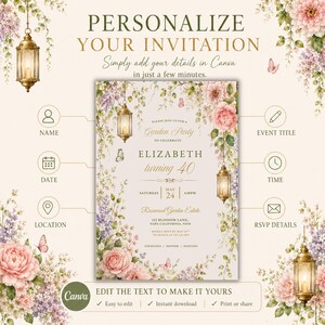 Garden Party Invitation Template, Editable Canva Invitation, Floral Birthday Invite, Botanical Party Invitation, Printable Digital Download image 4
