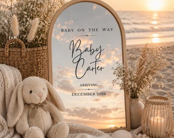 Beach Pregnancy Announcement Template, Editable Canva Baby Reveal, Neutral Social Media Announcement, Coastal Baby On The Way, 3 Sizes