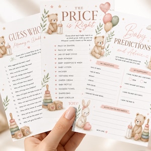 Neutral Teddy Baby Shower Games Bundle, Guess Who Mommy or Daddy, Price Is Right, Predictions Advice, Instant Printable Download PDF