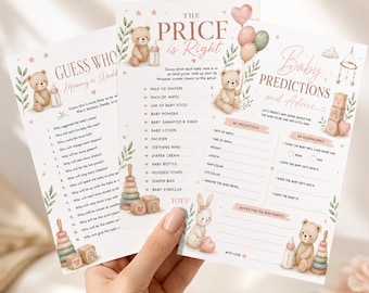 Neutral Teddy Baby Shower Games Bundle, Guess Who Mommy or Daddy, Price Is Right, Predictions Advice, Instant Printable Download PDF