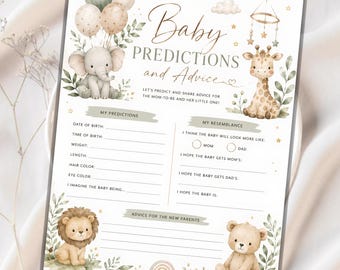 Baby Predictions and Advice Cards, Safari Baby Shower Activity Printable, Jungle Prediction Game, Gender Neutral PDF Download