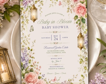 Baby in Bloom Baby Shower Invitation, Floral Garden Invite, Editable Canva Template, Spring Printable 5x7, Butterfly Digital Download