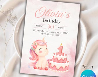 Editable Unicorn Birthday Invitation | Pastel Rainbow Canva Template | Digital Download | Girl Party Invite