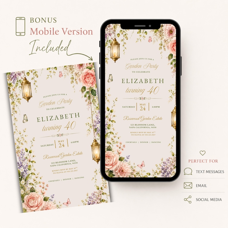Garden Party Invitation Template, Editable Canva Invitation, Floral Birthday Invite, Botanical Party Invitation, Printable Digital Download image 2