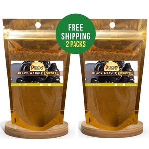 May include: Two pouches of black mashua powder, labeled "Peruvian Herbs Black Mashua Powder", with a free shipping offer for two packs.