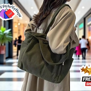 Sac fourre-tout en velours côtelé pour femme, grand sac à main de bureau léger et décontracté en velours, sac à bandoulière beige noir vert pour femme, cadeau pour femme