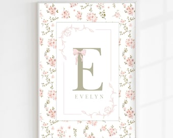 Stampa floreale personalizzata per la cameretta dei bambini - Poster con nome del bambino verde salvia e rosa cipria, decorazione murale con iniziali, regalo per baby shower vintage in stile Cottagecore