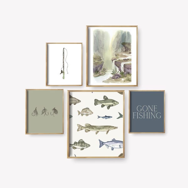 Juego de arte de pared vintage de pesca para habitación infantil: impresiones de barco rústico de madera y aparejos de pesca retro para habitación infantil, cabaña en el bosque o decoración infantil.