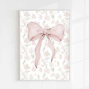 Quadro decorativo vintage com laço floral para parede · Decoração estilo cottagecore para quarto de bebê · Pôster botânico com laço rosa · Decoração de parede vintage · Impressão para quarto de menina