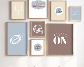 Art mural football vintage, chambre de bébé, lot de 8 | Affiches murales rétro Sports Gallery pour chambre de garçon | Impressions d'art football classique | Sport neutre