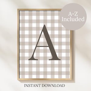 Personalized Beige Gingham Initial Print | Neutral Nursery Wall Art | Custom Baby Monogram | Cottagecore Toddler Decor | Digital Download