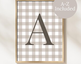 Personalized Beige Gingham Initial Print | Neutral Nursery Wall Art | Custom Baby Monogram | Cottagecore Toddler Decor | Digital Download
