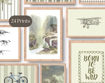 Juego de 24 impresiones de pared con temática de aventura deportiva azul vintage / Arte de pared para habitación de niño / Láminas azules para guardería / Decoración de sala de juegos en tonos apagados / Arte para habitación de niño grande