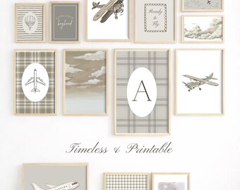 Neutral Airplane Nursery Wall Art Set of 18 | Boys Room Vintage Plane Prints | Aviation Nursery Decor | Printable Transportation Art