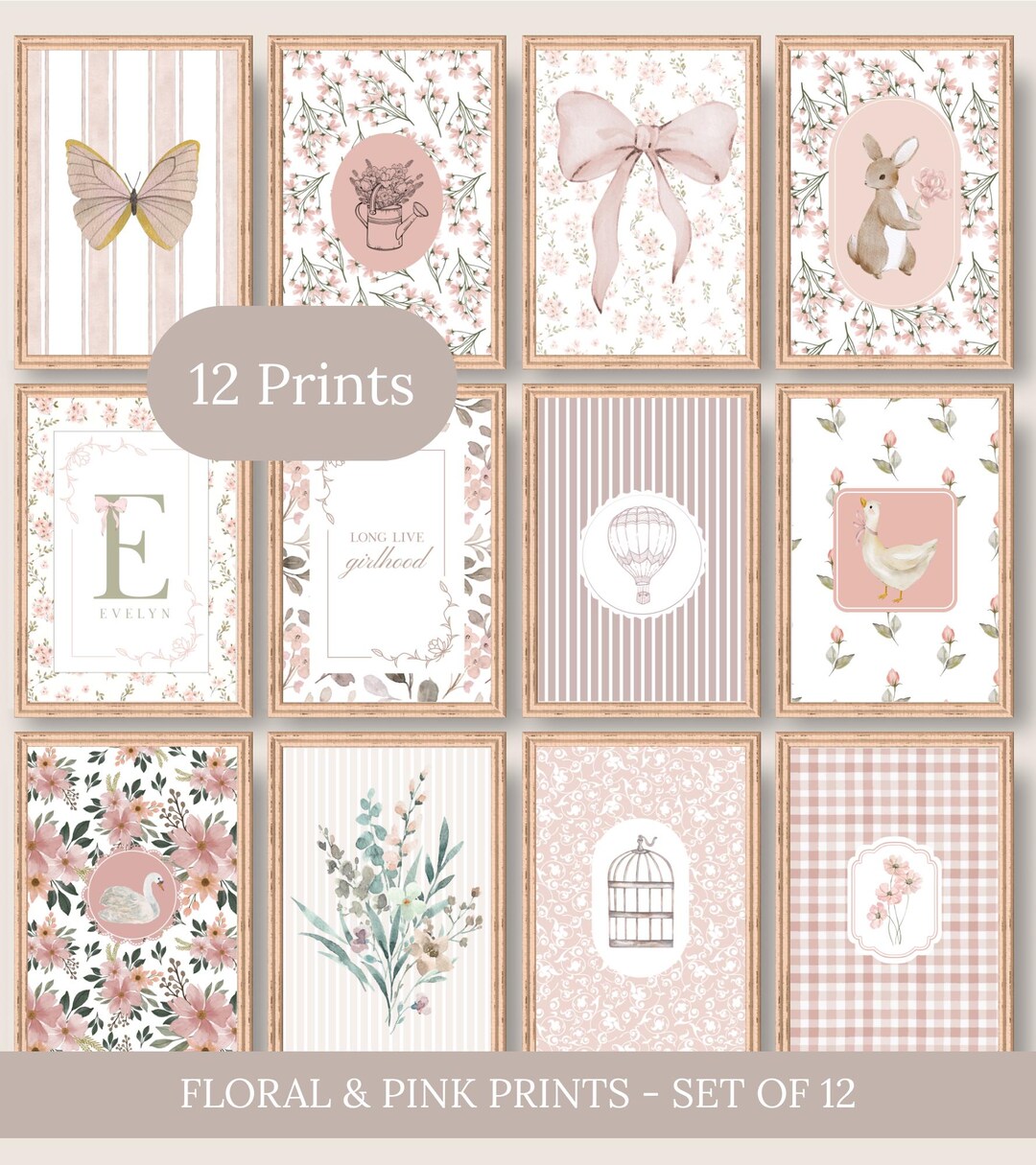 Pink Nursery Decor Set of 12 – Floral Cottagecore Nursery Art Bundle ...