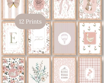 Set di 12 decorazioni per la cameretta rosa – Set di decorazioni artistiche per la cameretta floreale Cottagecore – Set di decorazioni murali vintage stampabili, decorazioni per la cameretta delle bambine, download digitale