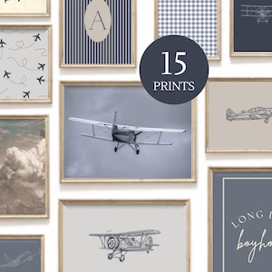 Vintage Airplane Nursery Wall Art Set of 15 | Watercolor Plane Prints | Aviation Baby Boy Room Decor | Travel Blue Wall Art Digital Download image 1