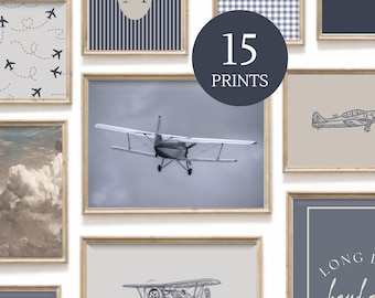 Vintage Airplane Nursery Wall Art Set of 15 | Watercolor Plane Prints | Aviation Baby Boy Room Decor | Travel Blue Wall Art Digital Download