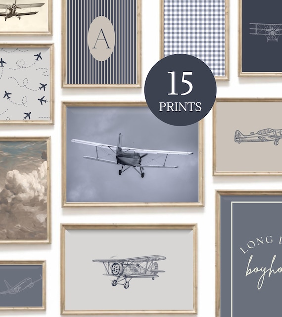 Vintage Airplane Nursery Wall Art Set of 15 | Watercolor Plane Prints | Aviation Baby Boy Room Decor | Travel Blue Wall Art Digital Download