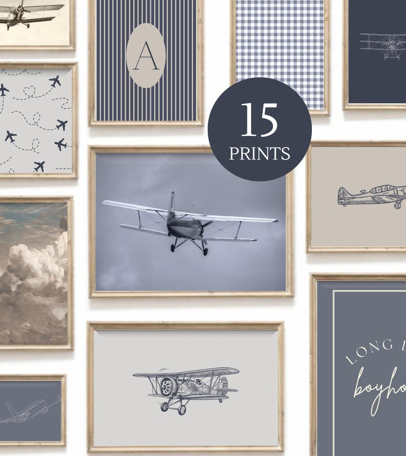 Vintage Airplane Nursery Wall Art Set of 15 | Watercolor Plane Prints | Aviation Baby Boy Room Decor | Travel Blue Wall Art Digital Download image 1