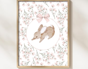 Floral Kaninchen Kinderzimmer Kunstdruck - Rosa & Salbei grün Cottagecore Bunny Wand Dekor | Sofortiger digitaler Download