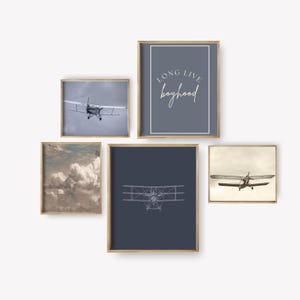 男の子用ベビールームウォールアート - ヴィンテージ飛行機プリント5枚セット - 旅行用ベビールームデコレーション、デジタルダウンロードベビールームプリント、ベビーシャワーギフト