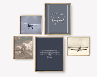 Baby Boy Nursery Wall Art – Vintage Airplane Printable Set of 5 – Travel Nursery Decor, Digital Download Nursery Prints, Baby Shower Gift