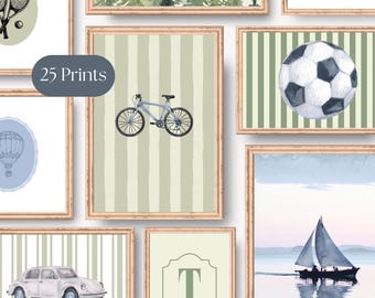 Juego de 25 impresiones de pared con diseño de deportes azules vintage para habitación de niño, impresiones de guardería en azul apagado, decoración deportiva vintage, decoración de sala de juegos, regalo para bebé.