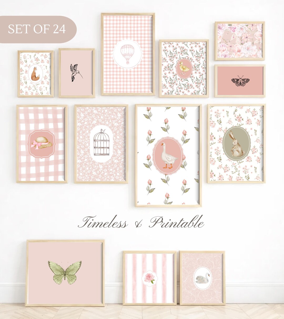 Pink Floral Nursery Gallery Wall Art Set – Vintage Style (24 Prints ...