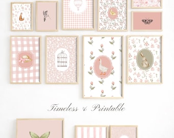 Pink Floral Nursery Gallery Wall Art Set – Vintage Style (24 Prints, Digital Download)