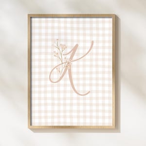 Personalized Girl Initial Print – Pink Floral Monogram Nursery Art – Vintage Cottagecore Baby Girl Wall Decor – Custom Initial Download