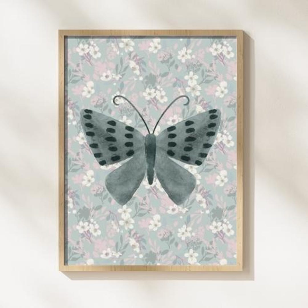 Baby Girl Nursery Wall Art | Blue Butterfly Floral Print | Cottagecore ...
