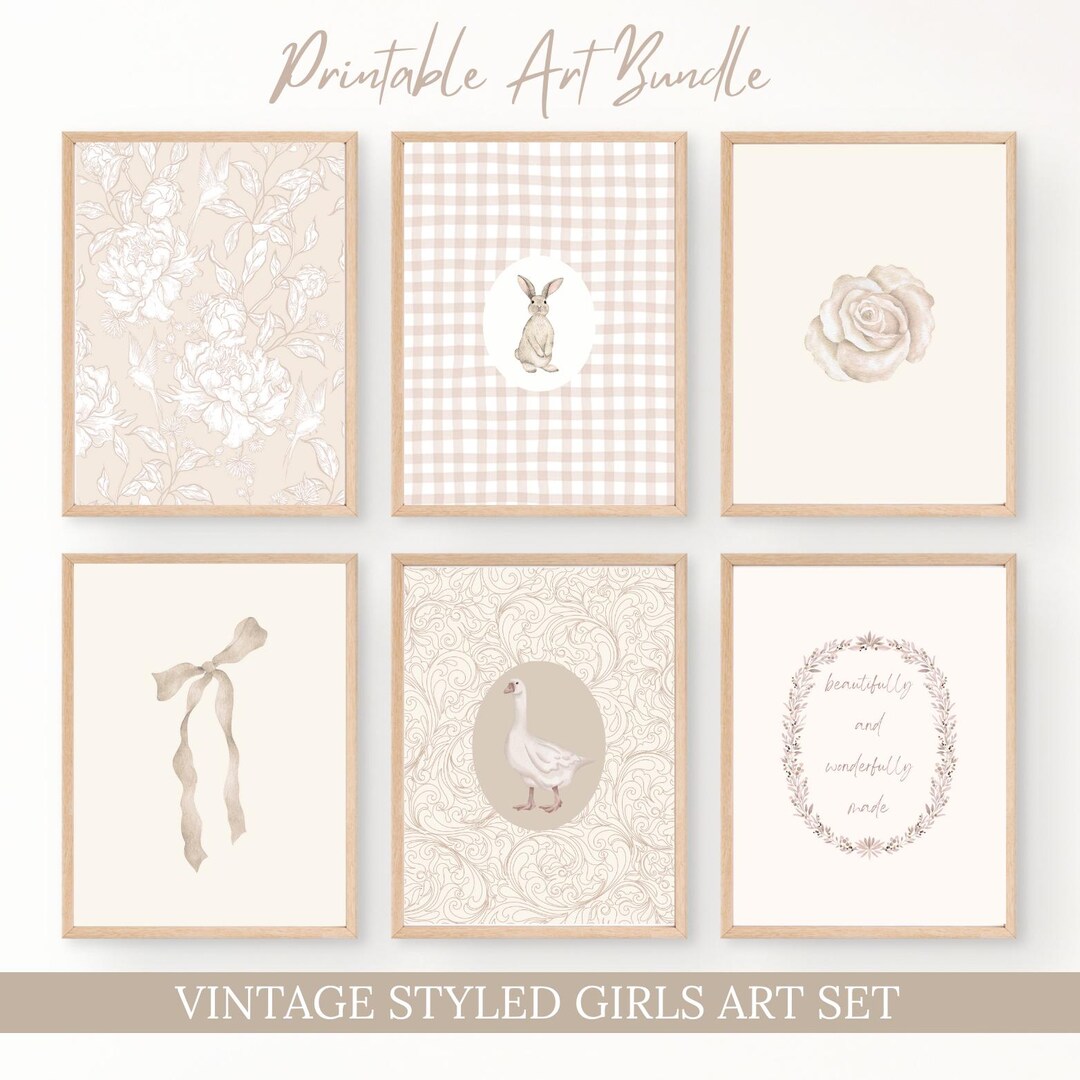 Dusty Rose Girls Nursery Wall Art | Set of 6 Vintage Pink Prints | Soft ...