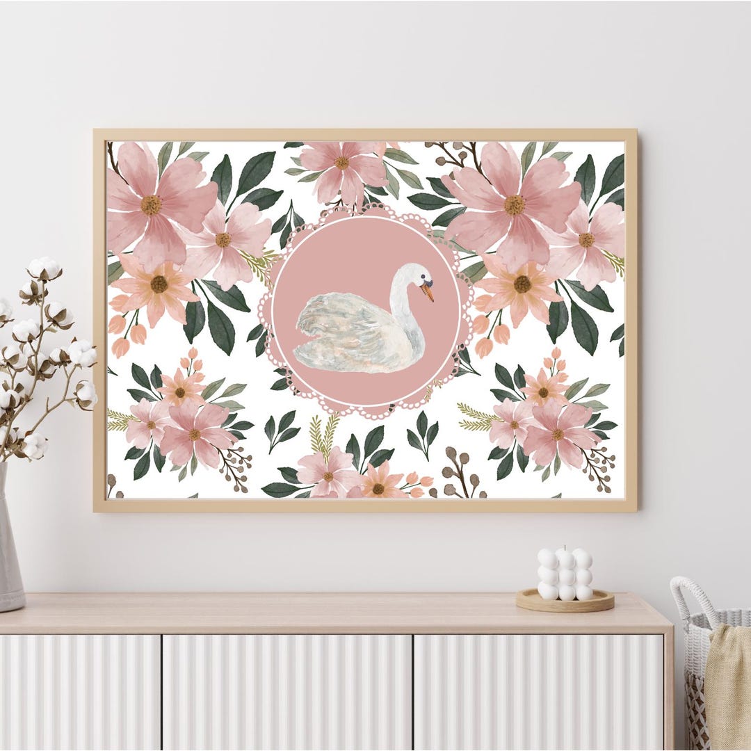 Pink Floral Swan Nursery Poster: Cottagecore Baby Girl Room Decor - Etsy