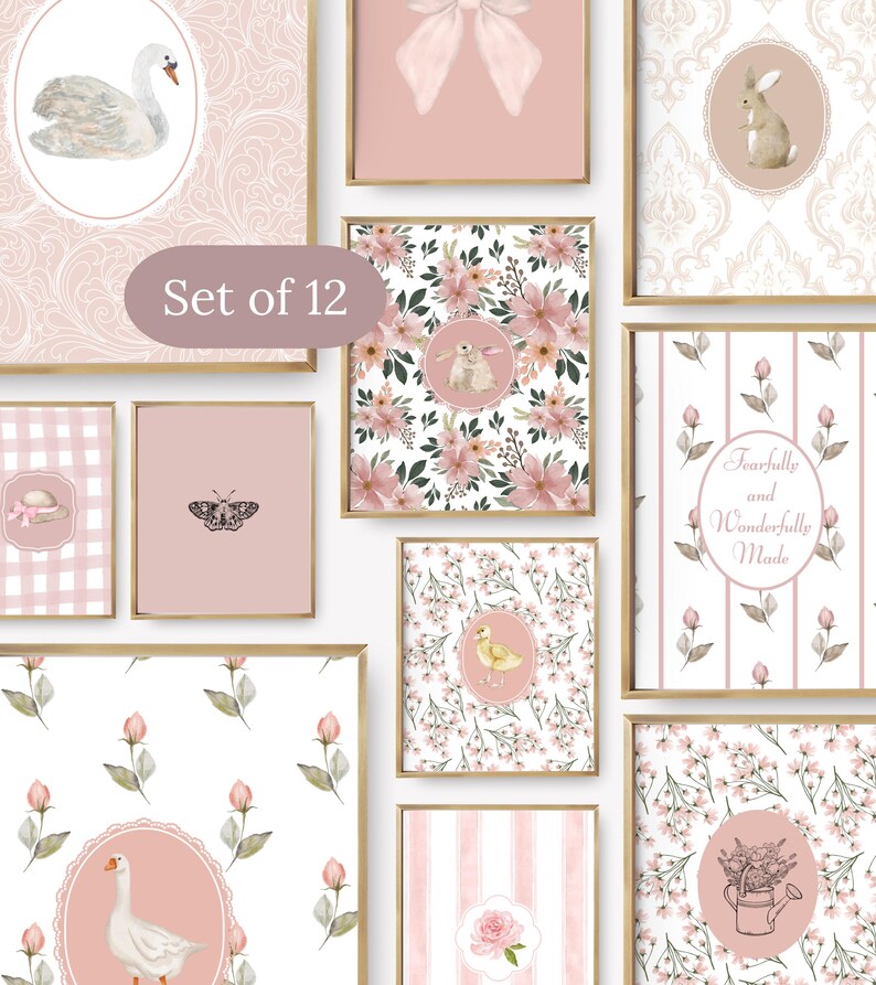 Pink Nursery Wall Art Printable Set – 12 Cottagecore Gallery Prints ...