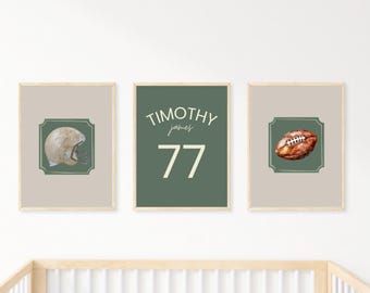 Vintage Football Nursery Wall Art Set of 3 | Personalized Sports Prints for Boys Room | Custom Name Football Art | Sports Gallery Wall Decor